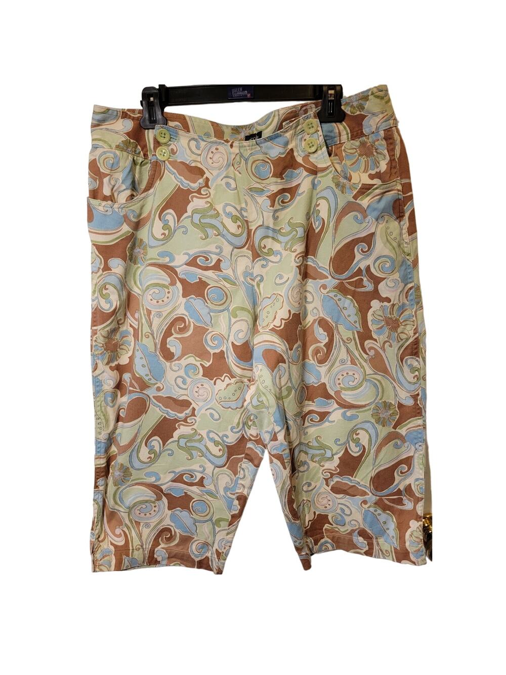 Nicole Miller Capri Pants Paisley Brown Green Cream Button Front Women's Size 18